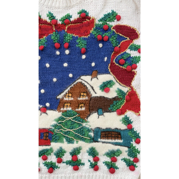 VTG. 80s Ugly Christmas Sweater Womens M Grandma Cottagecore Swiss Chalet 3D - Picture 4 of 12